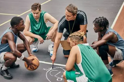 Basketball, team and sport teamwork coach match planning of a fitness exercise and game. Motivatio